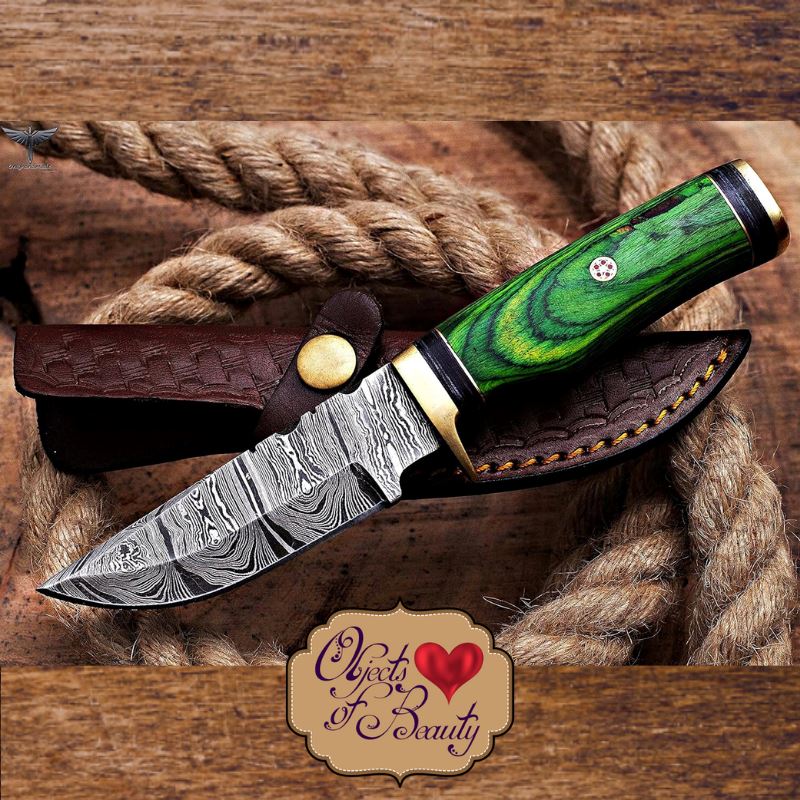 Green Bushcraft Knife w Damascus Blade | Yellowstone Spirit Southwestern Collection Collectible Bushcraft Knives Objects Of Beauty Southwest 