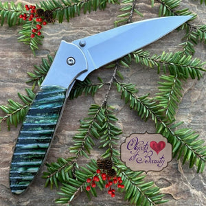 Green Fossilized Woolly Mammoth Tooth 4" Kershaw Leek Knife Plain Blade | Yellowstone Spirit Southwestern and Spirit Animal Collection Collectible Knives Santa Fe Stoneworks 