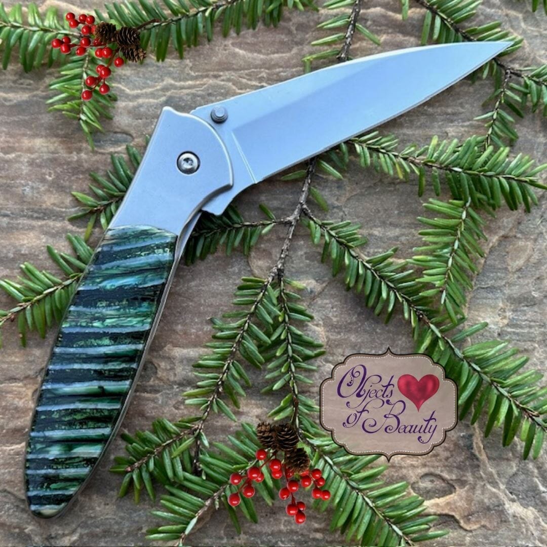 Green Fossilized Woolly Mammoth Tooth 4" Kershaw Leek Knife Plain Blade | Yellowstone Spirit Southwestern and Spirit Animal Collection Collectible Knives Santa Fe Stoneworks 