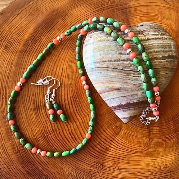 Green Turquoise w Coral and Silver Necklace Earring Set | Yellowstone Spirit Southwestern Collection Turquoise Beaded Necklace Objects Of Beauty Southwest 