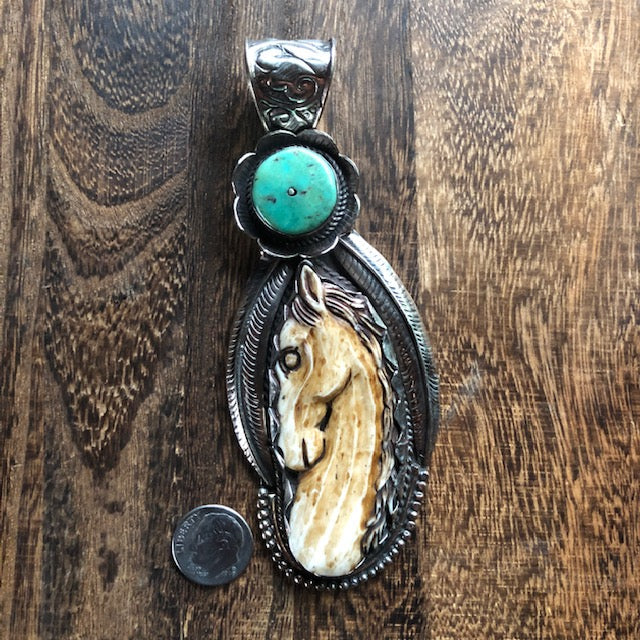 Horse Pendant Carved Bone w Turquoise Disc Large | Yellowstone Collection Necklaces Objects of Beauty Southwest 
