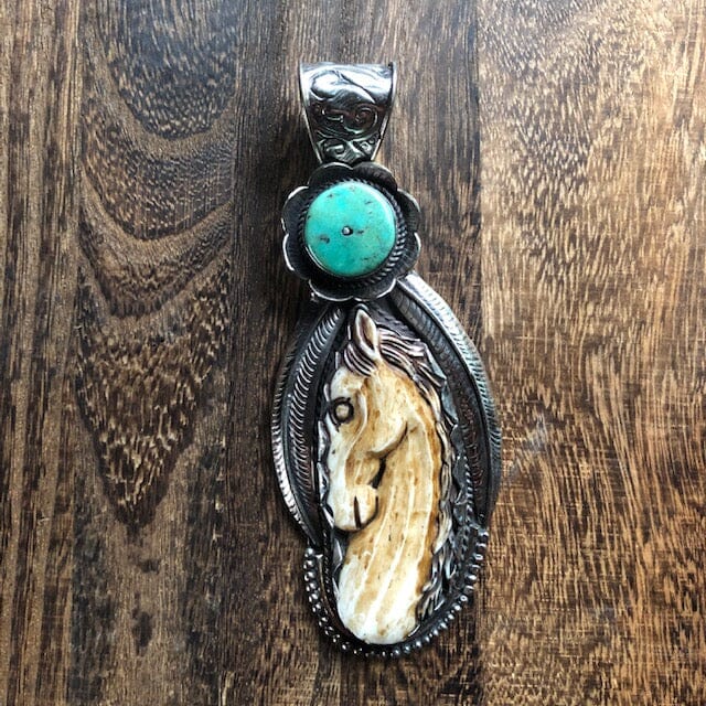 Horse Pendant Carved Bone w Turquoise Disc Large | Spirit Animal & Horse Collections Necklaces Objects of Beauty Southwest 