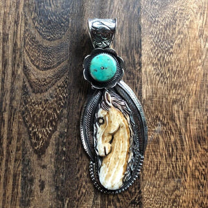 Horse Pendant Carved Bone w Turquoise Disc Large | Spirit Animal & Horse Collections Necklaces Objects of Beauty Southwest 