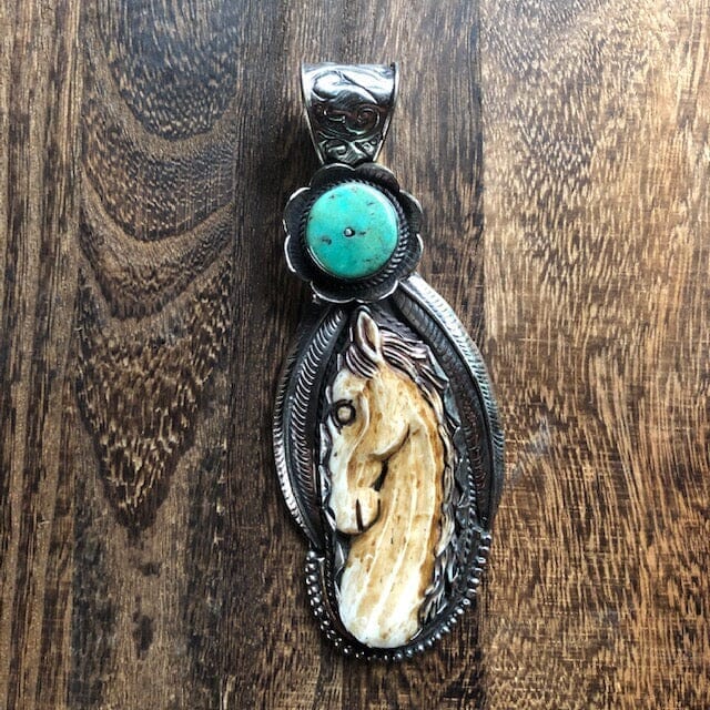 Horse Pendant Carved Bone w Turquoise Disc Large | Spirit Animal & Horse Collections Necklaces Objects of Beauty Southwest 