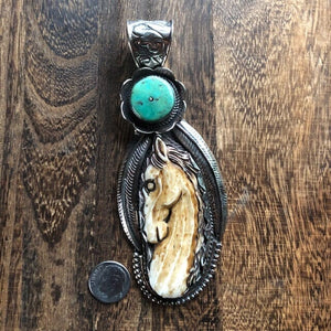 Horse Pendant Carved Bone w Turquoise Disc Large | Spirit Animal & Horse Collections Necklaces Objects of Beauty Southwest 