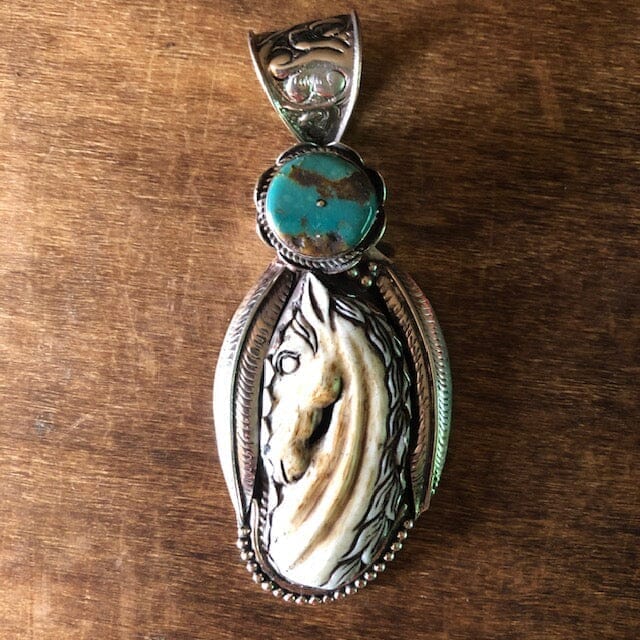 Horse Pendant Carved Bone w Turquoise Disc Medium | Yellowstone Spirit Southwestern and Spirit Animal Collection Necklaces Objects of Beauty Southwest 
