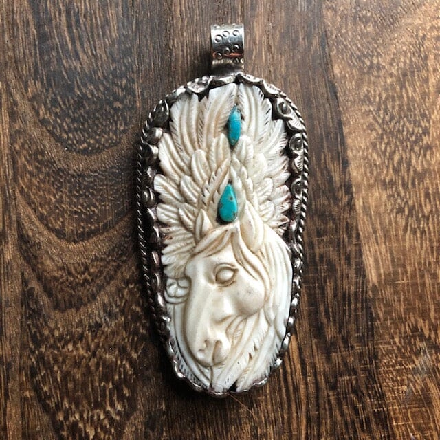 Horse with Feathered Halo Turquoise Teardrops Pendant Necklace | Yellowstone Spirit and Spirit Animal & Horse Collections Turquoise Necklace Objects of Beauty Southwest 