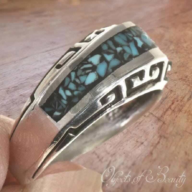 Inlaid Hopi Pattern Turquoise Ring ~ Navajo Made - Objects of Beauty