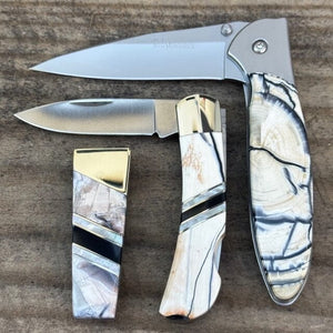 Ivory & Grey Fossilized Woolly Mammoth Tusk 3 inch Knife w/ Plain Blade | Yellowstone Spirit and Spirit Animal Collectible Pocket Knives Santa Fe Stoneworks 