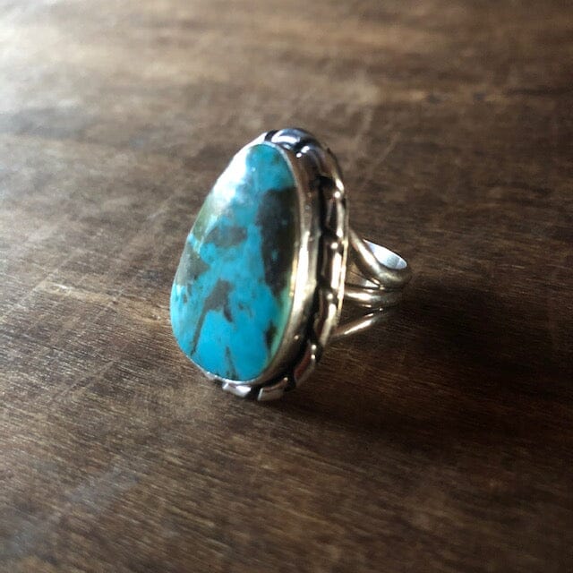 Kingman Turquoise Silver Pear Shaped Ring | Yellowstone Spirit Southwestern Collection Turquoise Ring Objects of Beauty Southwest 