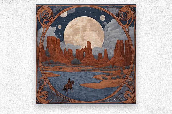 Lone Ride Under Many Moons | Andrea Record Fine Art | Yellowstone Spirit Southwestern Collection Painting Print Andrea Record Fine Art Brushed Metal Print 8x8inches (21x21cm) 