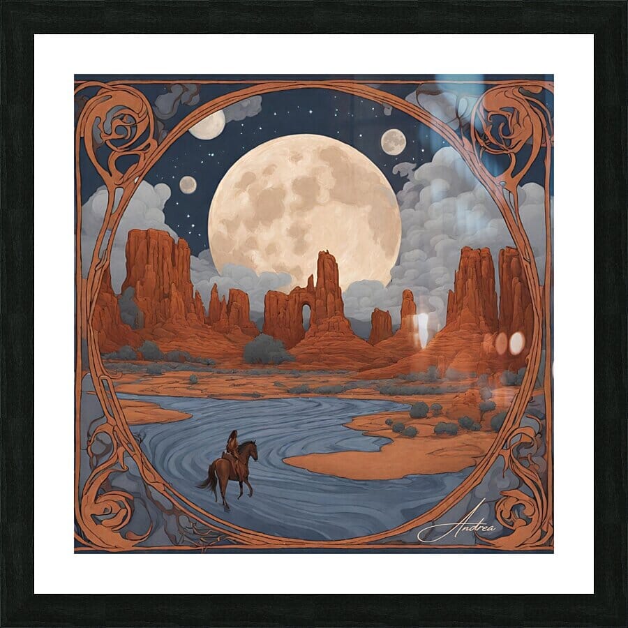 Lone Ride Under Many Moons | Andrea Record Fine Art | Yellowstone Spirit Southwestern Collection Painting Print Andrea Record Fine Art Framed Print 8x8inches (21x21cm) 