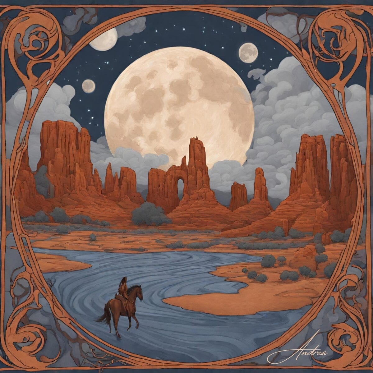 Lone Ride Under Many Moons | Andrea Record Fine Art | Yellowstone Spirit Southwestern Collection Painting Print Andrea Record Fine Art Giclee Fine Art Matte Paper Print 8x8inches (21x21cm) 