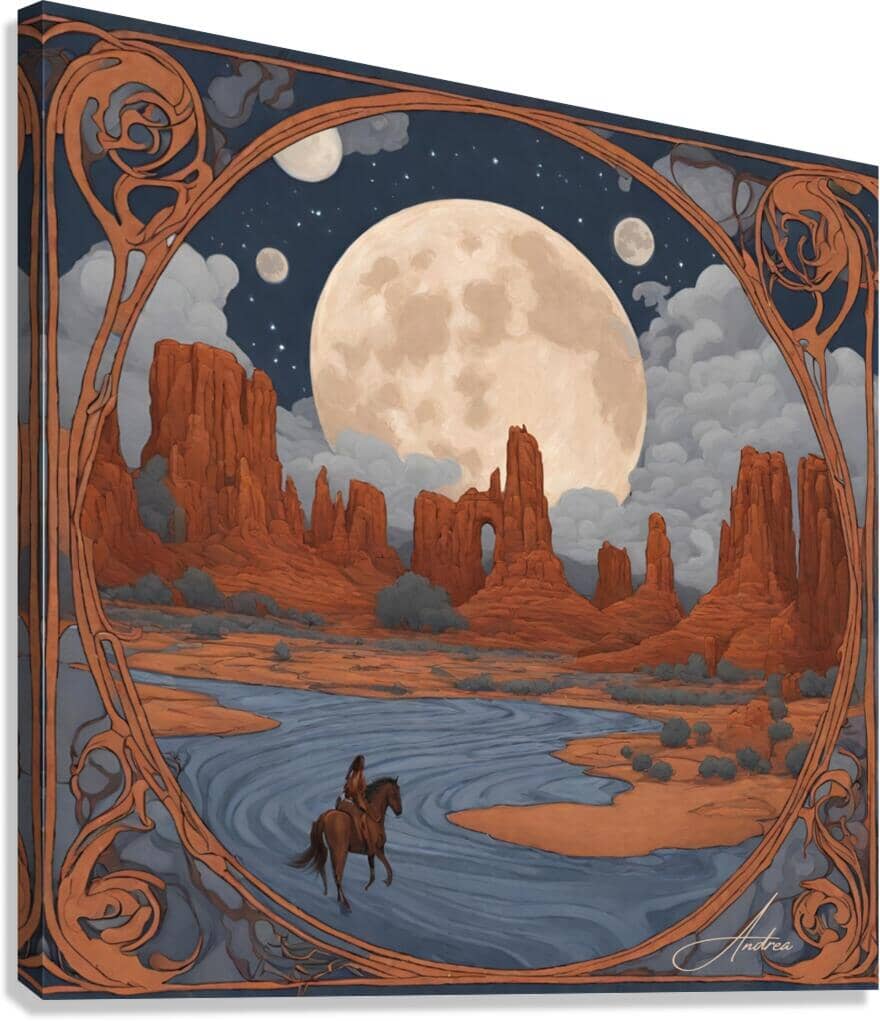 Lone Ride Under Many Moons | Andrea Record Fine Art | Yellowstone Spirit Southwestern Collection Painting Print Andrea Record Fine Art Giclée Stretched Canvas Print 8x8inches (21x21cm) 