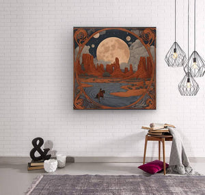 Lone Ride Under Many Moons | Andrea Record Fine Art | Yellowstone Spirit Southwestern Collection Painting Print Andrea Record Fine Art Wood Print 8x8inches (21x21cm) 