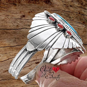 Magnificent Turquoise Cuff with Coral Studs & Silver Wings | Yellowstone Spirit Southwestern Collection Turquoise Cuff Bracelet Objects of Beauty Southwest 