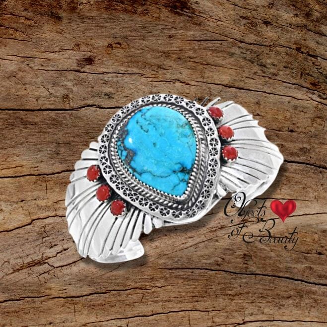 Magnificent Turquoise Cuff with Coral Studs & Silver Wings | Yellowstone Spirit Southwestern Collection Turquoise Cuff Bracelet Objects of Beauty Southwest 