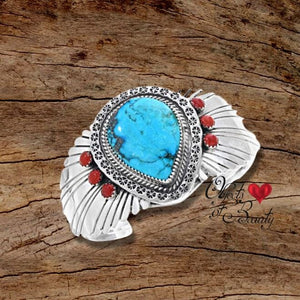 Magnificent Turquoise Cuff with Coral Studs & Silver Wings | Yellowstone Spirit Southwestern Collection Turquoise Cuff Bracelet Objects of Beauty Southwest 