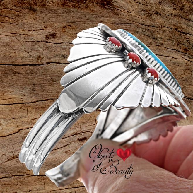 Magnificent Turquoise Cuff with Coral Studs & Silver Wings | Yellowstone Spirit Southwestern Collection Turquoise Cuff Bracelet Objects of Beauty Southwest 