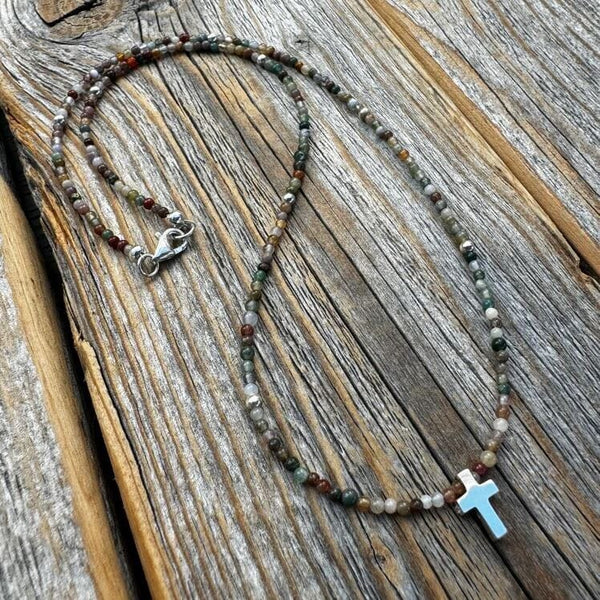 Multi-Colored Dainty Jasper and Silver Cross Necklace | Yellowstone Sp ...