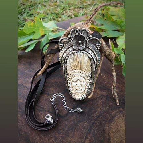 Native American Indian Chief Carved Bone Necklace | Yellowstone Spirit Southwestern and Spirit Animal Collections Pendant Necklace Objects of Beauty Southwest 
