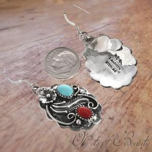 Native American Turquoise Coral Silver Dangle Earrings | Yellowstone Spirit Southwestern Collection Earrings Objects of Beauty 