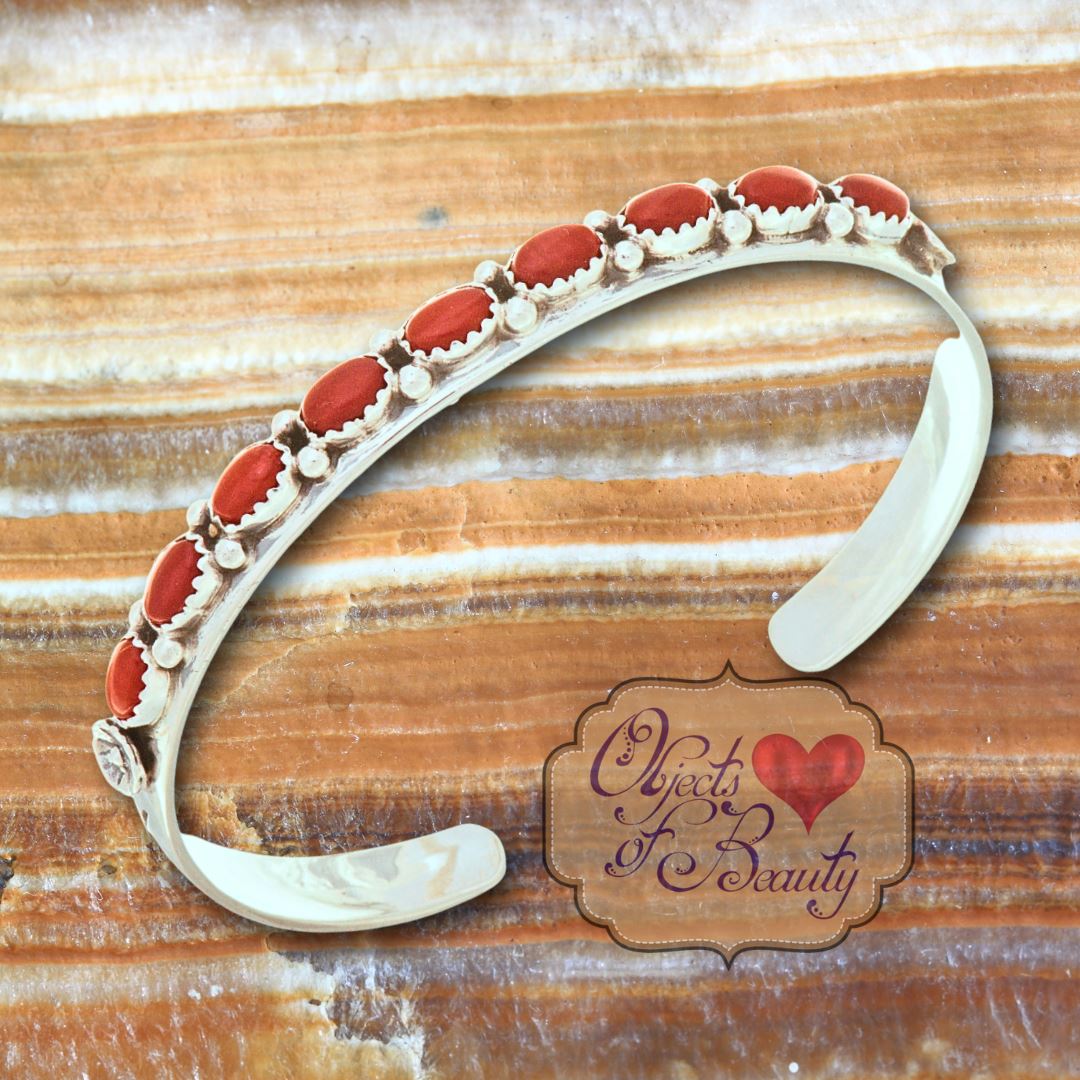 Sparkling Native American Navajo Coral Sterling Silver Bracelet