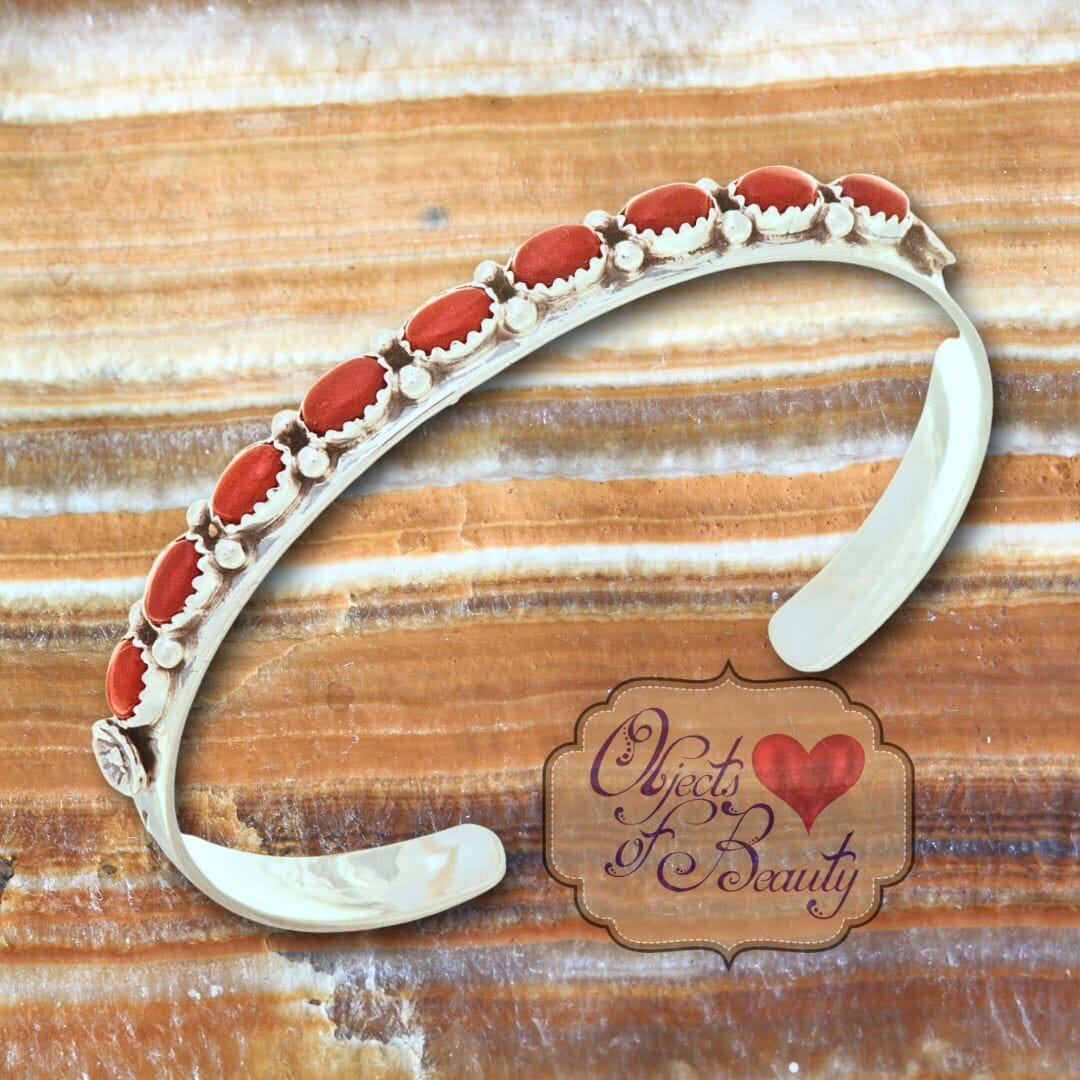 Navajo Coral Silver Cuff Bracelet | Yellowstone Spirit Southwestern Collection Coral Bracelet Objects of Beauty Southwest 