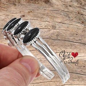 Navajo Onyx Silver Row Cuff Bracelet for Guy or Gal | Yellowstone Spirit Southwestern Collection Onyx Bracelet Navajo 