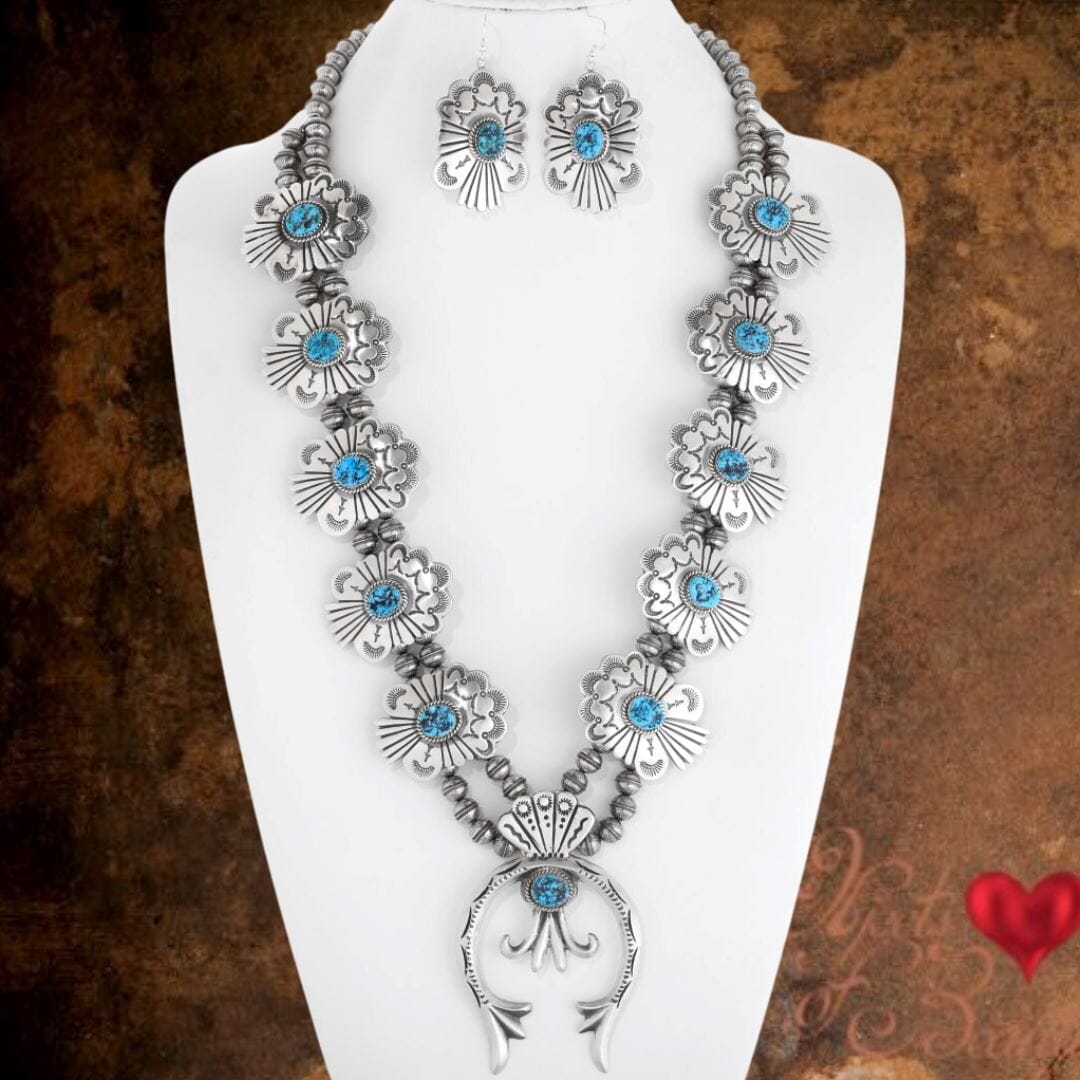Navajo Turquoise Silver Squash Blossom Necklace Set | Yellowstone Spirit Southwestern Collection Necklaces Objects of Beauty Southwest 