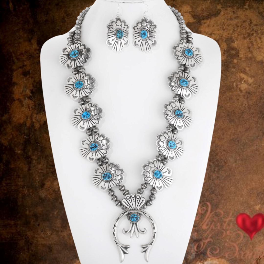 Navajo Turquoise Silver Squash Blossom Necklace Set | Yellowstone Spir -  Objects of Beauty
