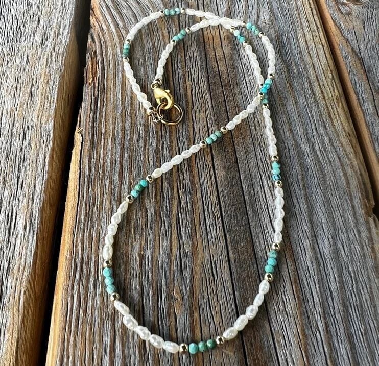 Pearl Turquoise and Gold Beaded Necklace | Yellowstone Spirit Southwestern Collection Pearl Turquoise Gold Necklace Objects of Beauty Southwest 