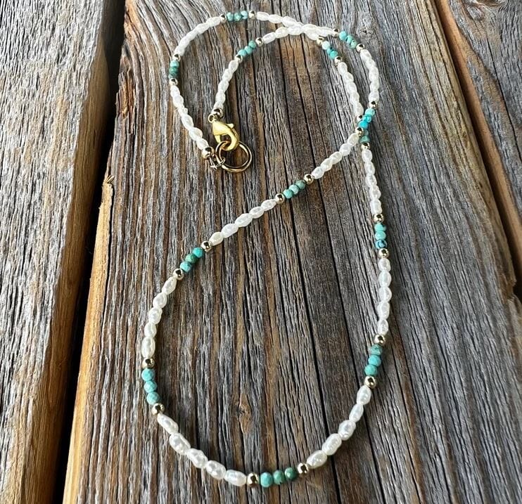 Pearl Turquoise and Gold Beaded Necklace | Yellowstone Spirit Southwestern Collection Pearl Turquoise Gold Necklace Objects of Beauty Southwest 