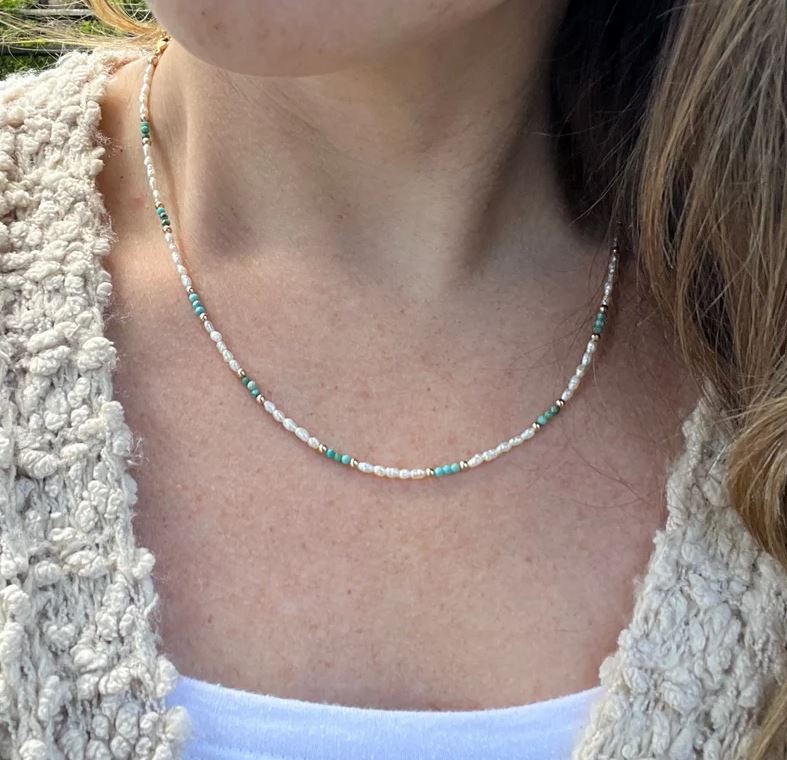 Pearl Turquoise and Gold Beaded Necklace | Yellowstone Spirit Southwestern Collection Pearl Turquoise Gold Necklace Objects of Beauty Southwest 