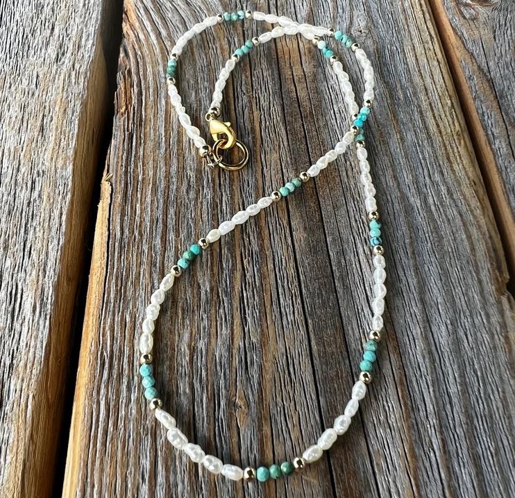 Pearl Turquoise and Gold Beaded Necklace | Yellowstone Spirit Southwestern Collection Pearl Turquoise Gold Necklace Objects of Beauty Southwest 