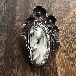 Petite Carved Bone Horse w Silver Floral Frame Pendant Necklace | Yellowstone Spirit Southwestern and Spirit Animal Collections Charms & Pendants ObjectsOfBeauty Southwest 