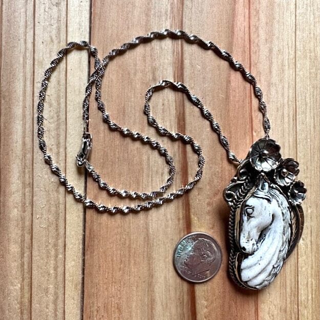 Petite Carved Bone Horse w Silver Floral Frame Pendant Necklace | Yellowstone Spirit Southwestern Collections