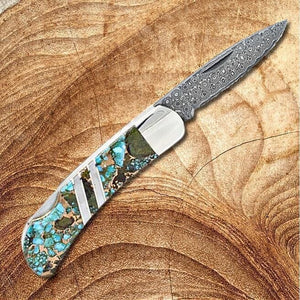 Polychrome Kingman Turquoise 3" Knife w Damascus Blade | Yellowstone Spirit Collection Damascus Knife Santa Fe Stoneworks 