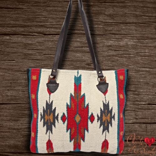 Red Sun Two Stars Wool southwestern Tote | Yellowstone Spirit Southwestern Collection Handwoven Wool Tote Objects of Beauty Southwest 