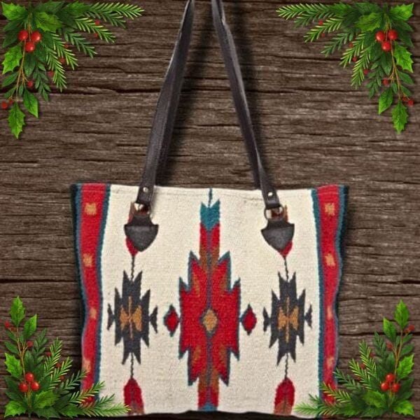 Red Sun Two Stars Wool southwestern Tote | Yellowstone Spirit Southwestern Collection Handwoven Wool Tote Objects of Beauty Southwest 