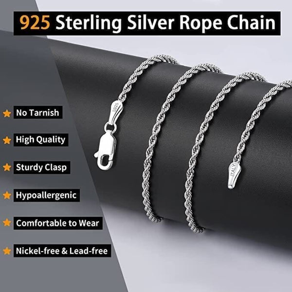 Rhodium Plated Elegant, Shiny & Sturdy 925 Sterling Silver Rope