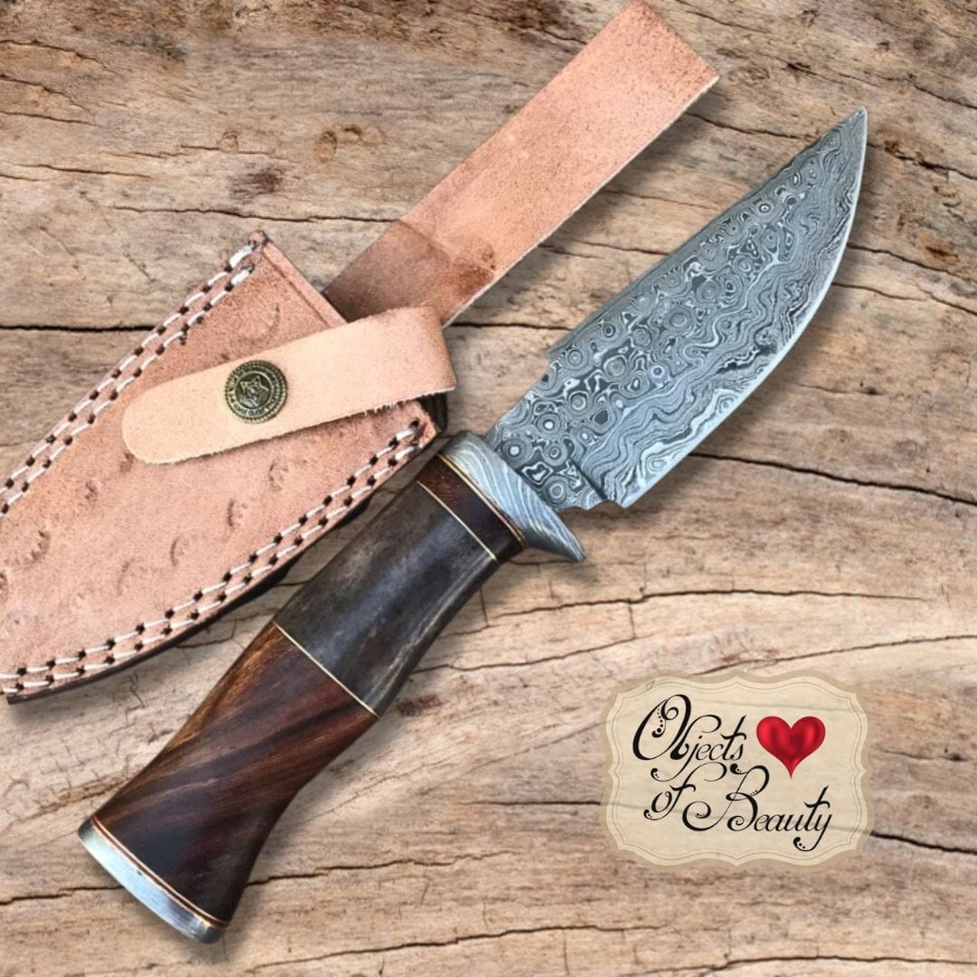 Rosewood Camel Bone Damascus Bushcraft Knife | Yellowstone Spirit Southwestern and Spirit Animal Collections Damascus Knife Objects of Beauty Southwest 