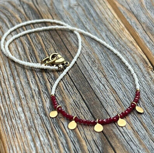 Ruby and White Czech Glass Beaded Necklace with Gold Dangle Drops | Yellowstone Spirit Southwestern Collection Ruby Czech Glass and Gold Dangle Drop Necklace Objects of Beauty Southwest 