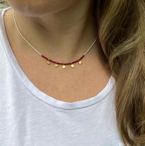 Ruby and White Czech Glass Beaded Necklace with Gold Dangle Drops | Yellowstone Spirit Southwestern Collection Ruby Czech Glass and Gold Dangle Drop Necklace Objects of Beauty Southwest 