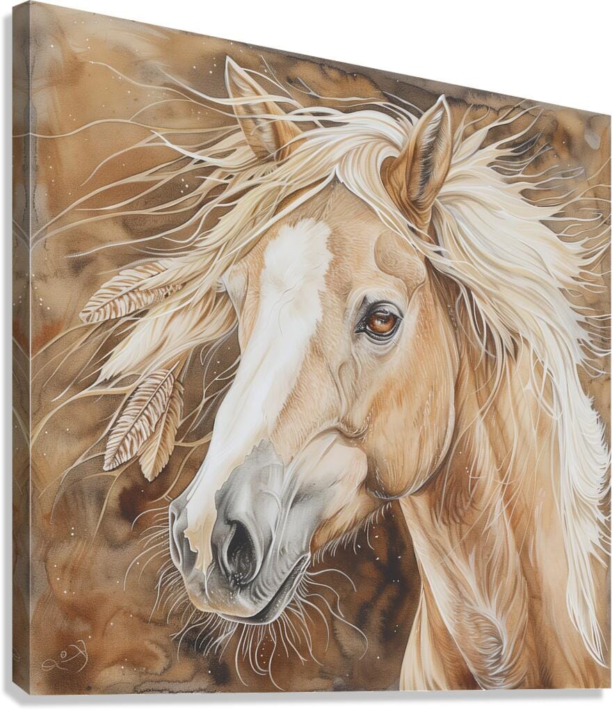 Saffron Amber-Eyed Palomino Print | Yellowstone Spirit Southwestern Collection Painting Print Objects Of Beauty Southwest Giclée Stretched Canvas Print 8x8inches (21x21cm) 