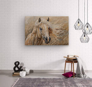 Sassafras Windy Palomino Print | Andrea Record Fine Art | Yellowstone Spirit Southwestern Collection Painting Print Objects Of Beauty Southwest Wood Print 8x5inches (21x13cm) 