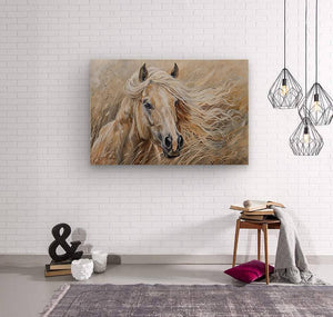 Sassafras Windy Palomino Print | Andrea Record Fine Art | Yellowstone Spirit Southwestern Collection Painting Print Objects Of Beauty Southwest Wood Print 8x5inches (21x13cm) 