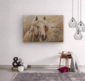 Sassafras Windy Palomino Print | Andrea Record Fine Art | Yellowstone Spirit Southwestern Collection Painting Print Objects Of Beauty Southwest Wood Print 8x5inches (21x13cm) 