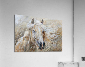 Sassafras Windy Palomino Print | Andrea Record Fine Art | Yellowstone Spirit Southwestern Collection Painting Print Objects Of Beauty Southwest Acrylic Print 8x5inches (21x13cm) 