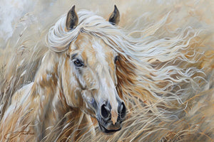 Sassafras Windy Palomino Print | Andrea Record Fine Art | Yellowstone Spirit Southwestern Collection Painting Print Objects Of Beauty Southwest Giclee Fine Art Matte Paper Print 8x5inches (21x13cm) 